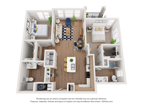 Floor plan for 2 beds, 2 baths, 1128 sqft